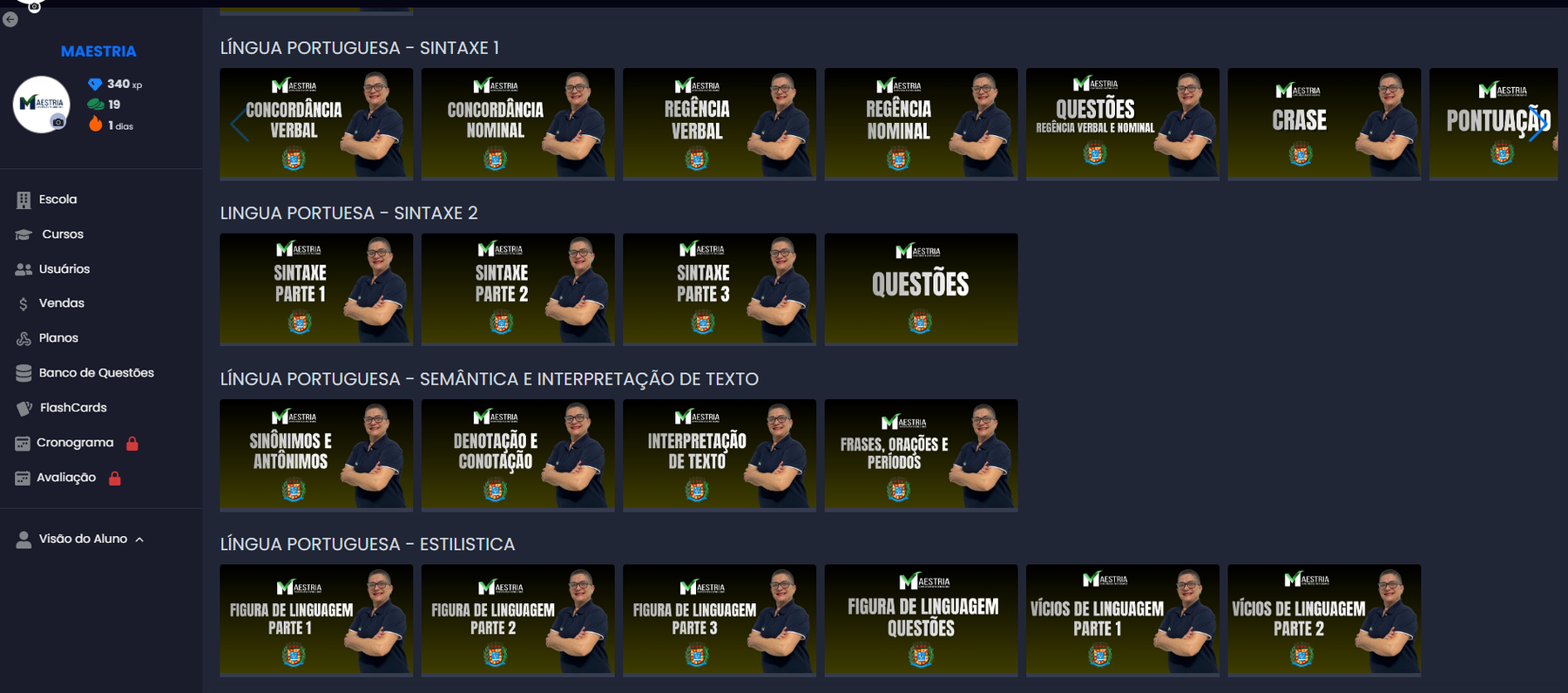 Ambiente digital do Grupo Maestria, com plataforma, conteúdos e navegação do aluno