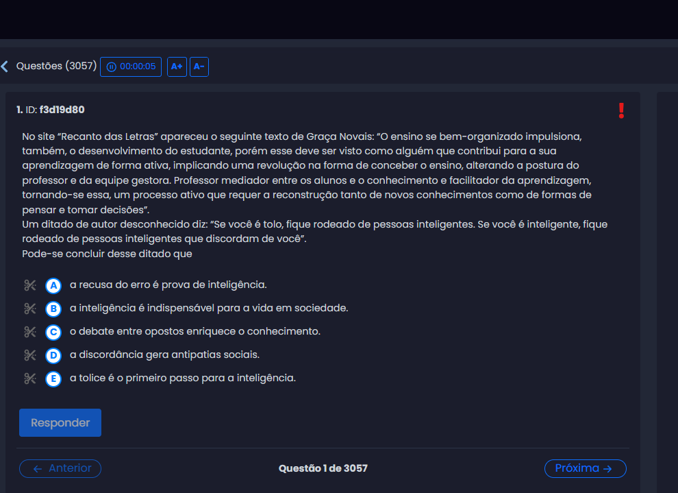 Tela da plataforma de questões online do Maestria